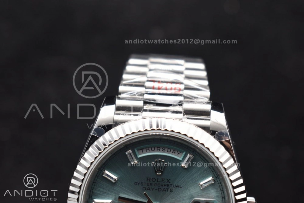 DayDate 40 SS GMF 904L Steel Ice Blue Stick Dial On President Bracelet A3255 V2