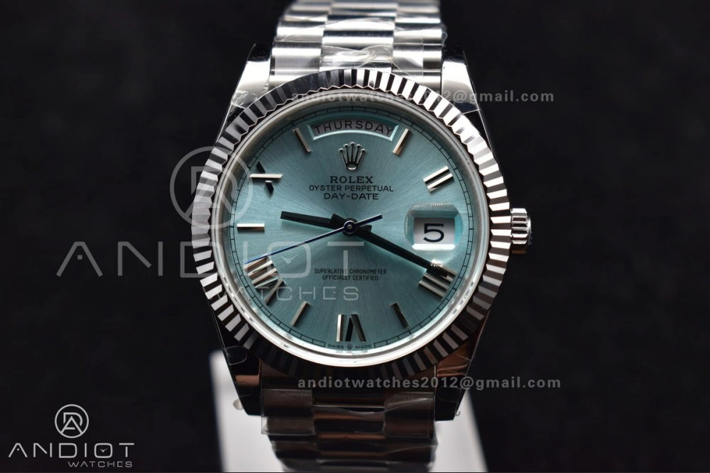 DayDate 40 SS GMF 904L Steel Iced Blue Dial Roman Markers On President Bracelet A3255 V2