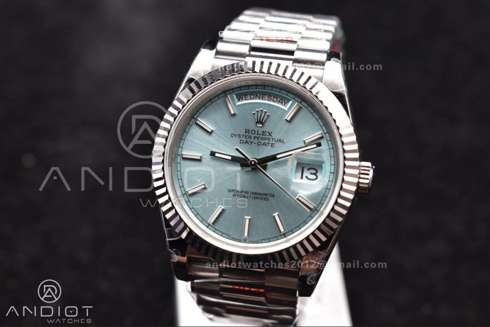 DayDate 40 SS GMF Gain Weight Ice Blue Stick Dial on President Bracelet A2836