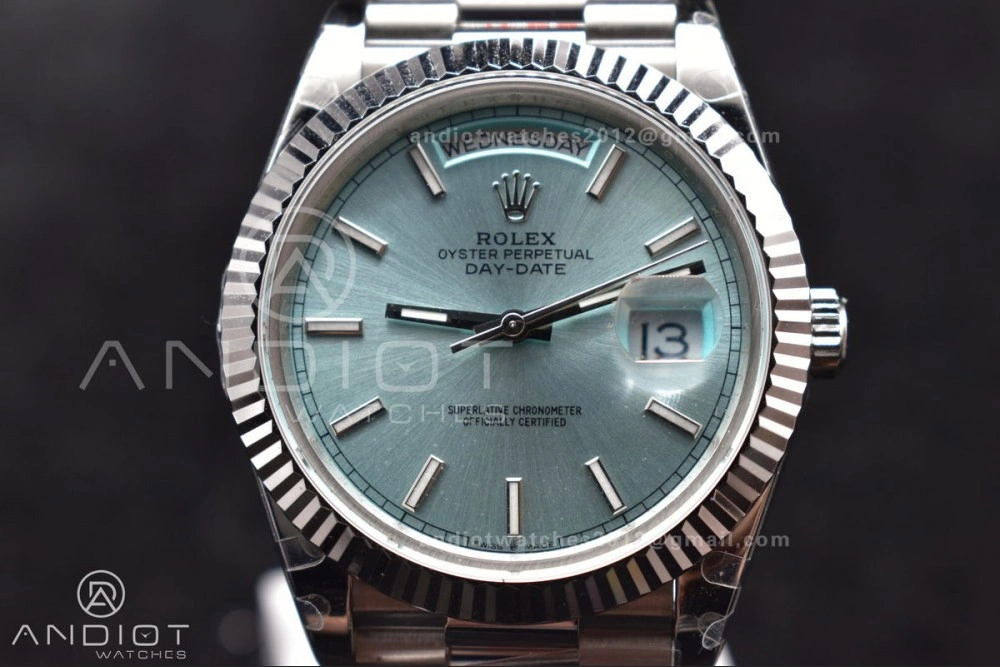 DayDate 40 SS GMF Gain Weight Ice Blue Stick Dial on President Bracelet A2836