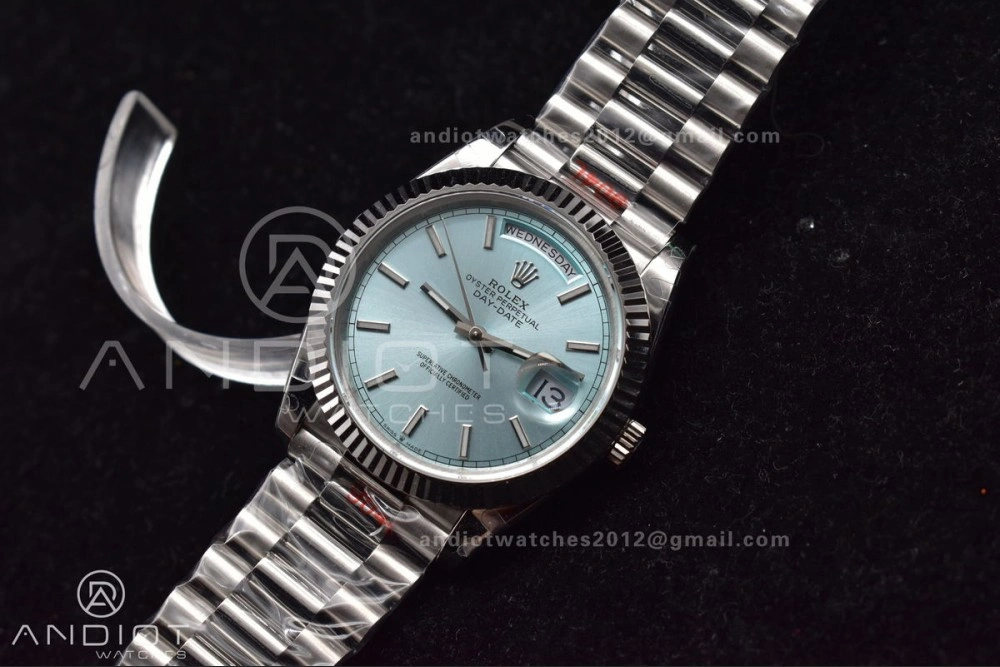 DayDate 40 SS GMF Gain Weight Ice Blue Stick Dial on President Bracelet A2836