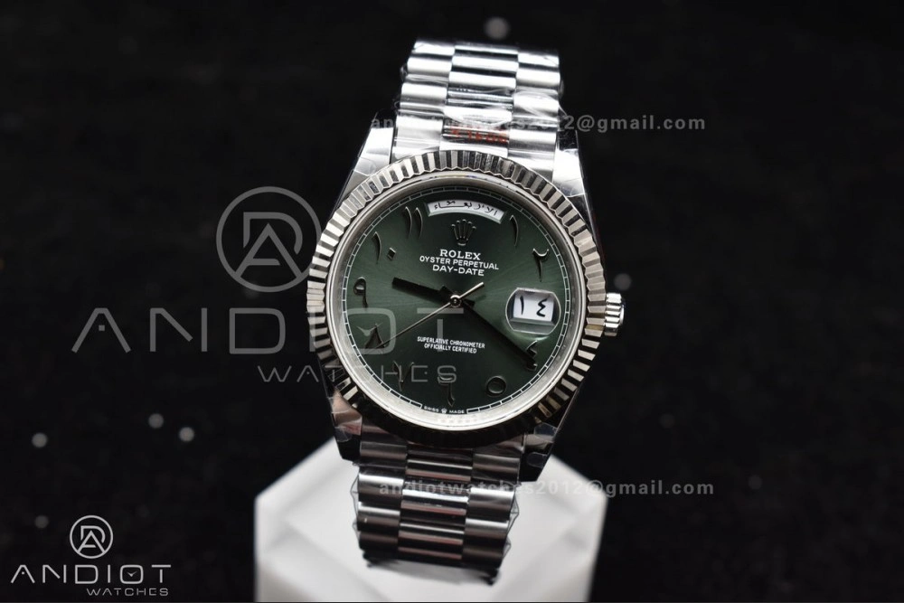 DayDate 40 SS JDF 904L Steel Green Arabic Dial on President Bracelet VR3255 V3 (Gain Weight)