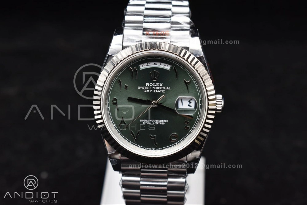 DayDate 40 SS JDF 904L Steel Green Arabic Dial on President Bracelet VR3255 V3 (Gain Weight)