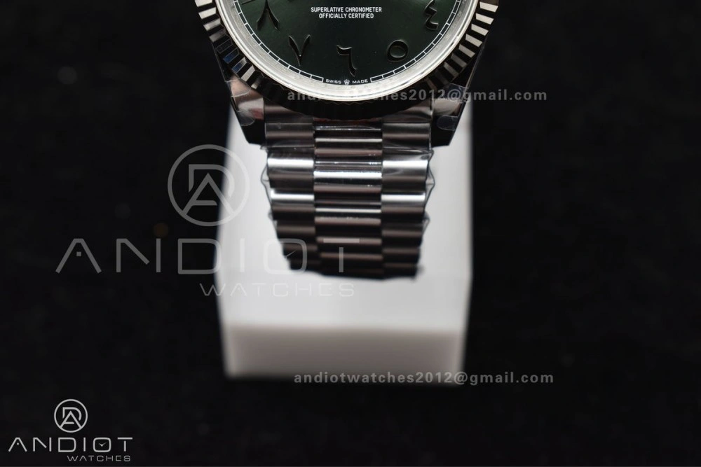 DayDate 40 SS JDF 904L Steel Green Arabic Dial on President Bracelet VR3255 V3 (Gain Weight)