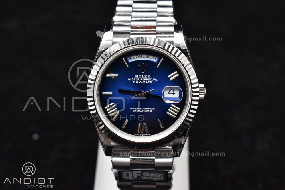 DayDate 40 SS QF Best Edition 904L Steel Blue Black Dial on President Bracelet A2836 V4 (Gain Weight)