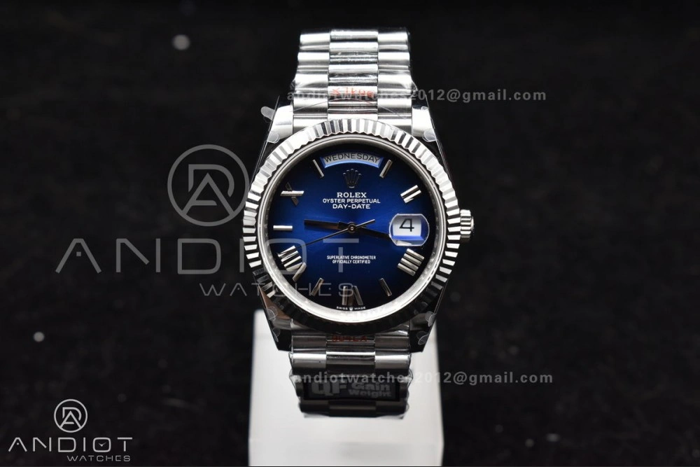 DayDate 40 SS QF Best Edition 904L Steel Blue Black Dial on President Bracelet A2836 V4 (Gain Weight)
