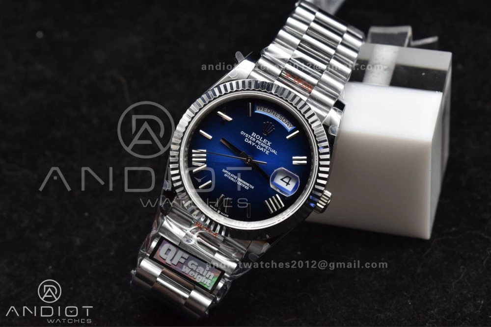 DayDate 40 SS QF Best Edition 904L Steel Blue Black Dial on President Bracelet A2836 V4 (Gain Weight)