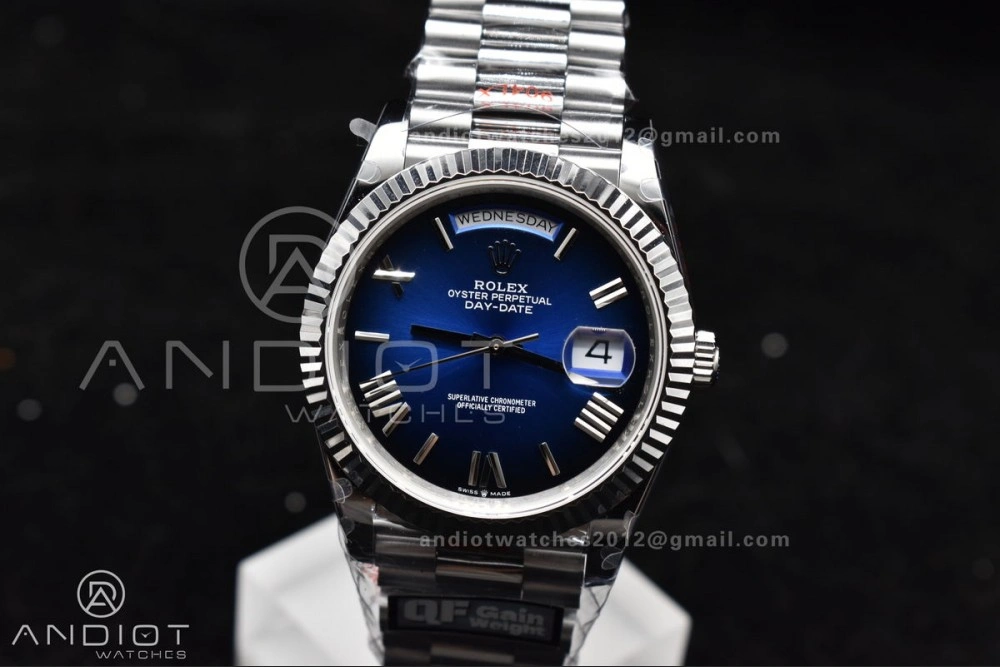 DayDate 40 SS QF Best Edition 904L Steel Blue Black Dial on President Bracelet A2836 V4 (Gain Weight)
