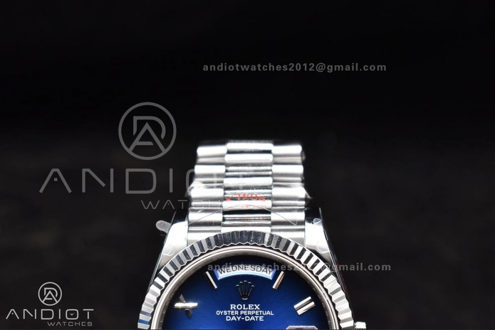 DayDate 40 SS QF Best Edition 904L Steel Blue Black Dial on President Bracelet A2836 V4 (Gain Weight)
