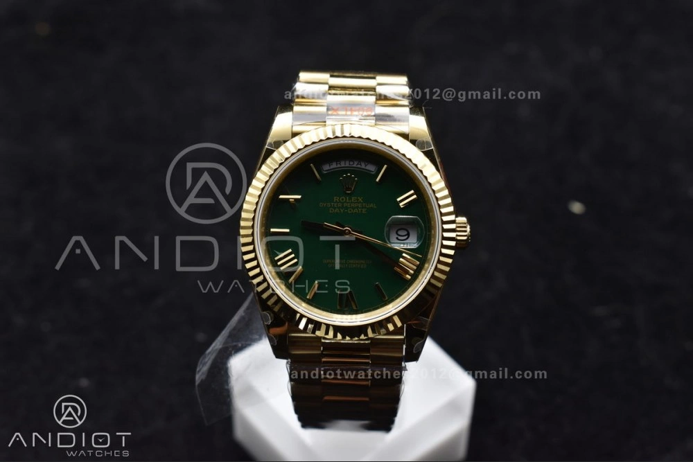 DayDate 40 YG GMF Gain Weight 904L Steel Green Dial Roman Markers on President Bracelet A3255 V2