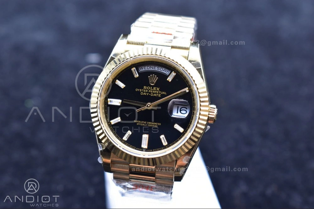 DayDate 40 YG GMF Plated 904L Steel Black Dial Crystal Markers On President Bracelet A2836 V2