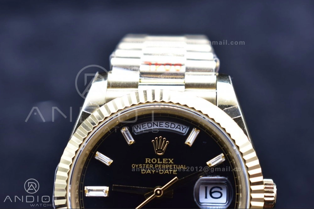 DayDate 40 YG GMF Plated 904L Steel Black Dial Crystal Markers On President Bracelet A2836 V2