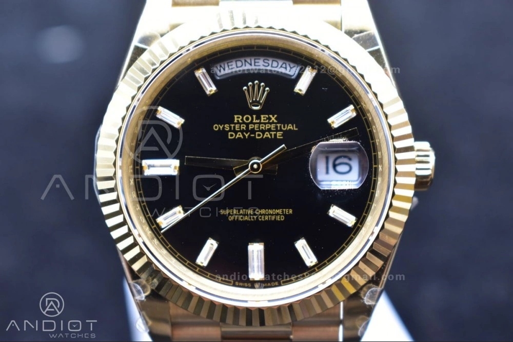 DayDate 40 YG GMF Plated 904L Steel Black Dial Crystal Markers On President Bracelet A2836 V2