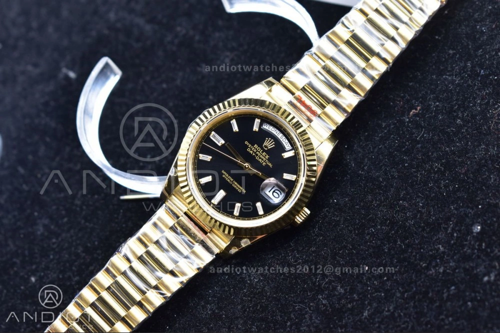 DayDate 40 YG GMF Plated 904L Steel Black Dial Crystal Markers On President Bracelet A2836 V2