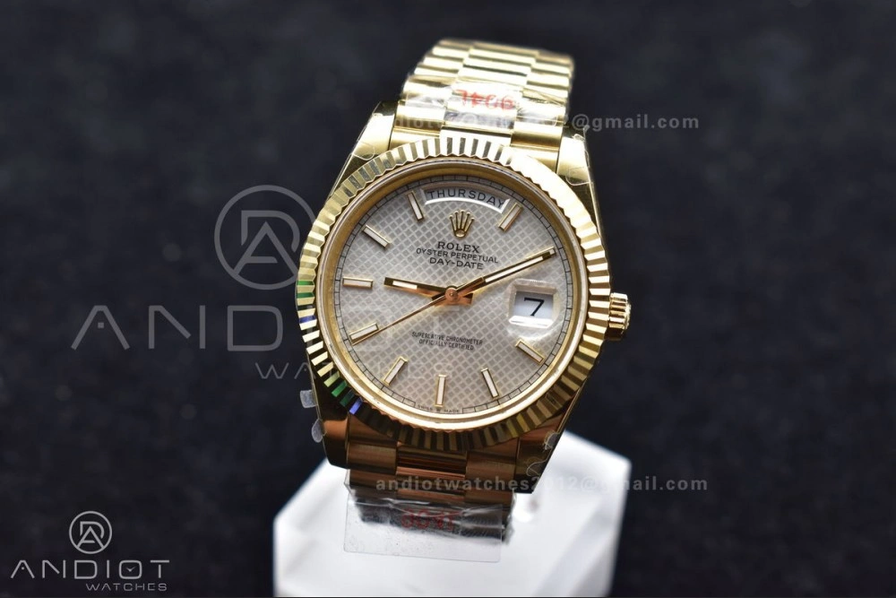 DayDate 40 YG GMF Plated 904L Steel Checked Dial Crystal Markers On President Bracelet A2836 V2