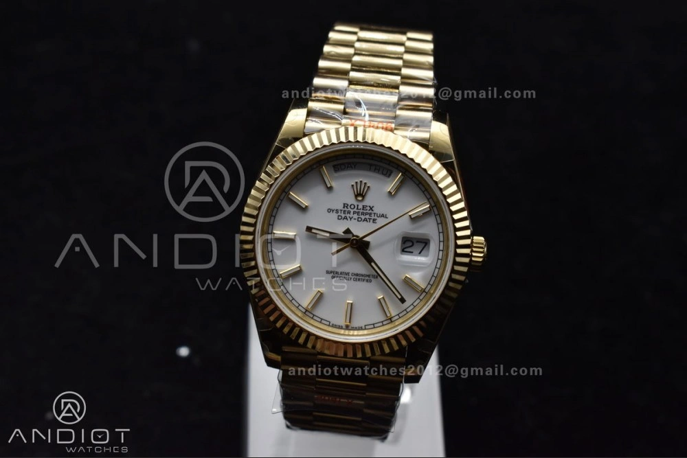 DayDate 40 YG GMF Tungsten Weighted 904L Steel White Dial Stick Markers On President Bracelet A2836 V2