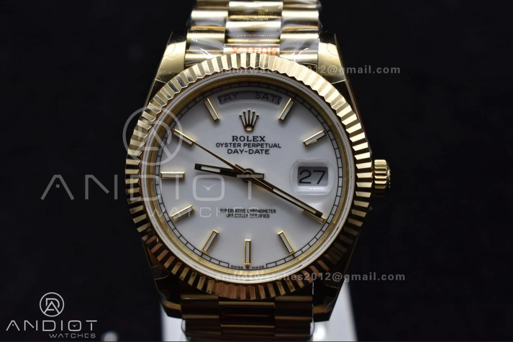 DayDate 40 YG GMF Tungsten Weighted 904L Steel White Dial Stick Markers On President Bracelet A2836 V2