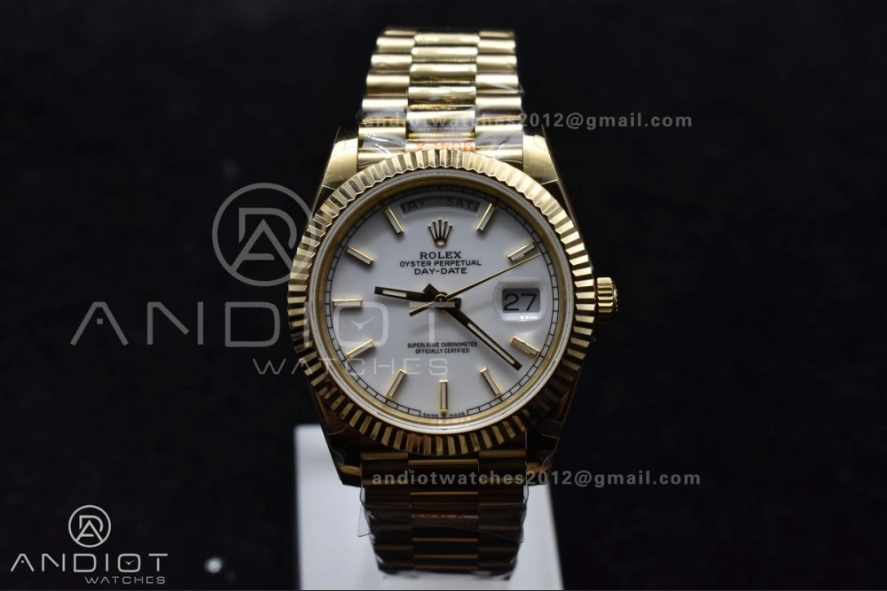 DayDate 40 YG GMF Tungsten Weighted 904L Steel White Dial Stick Markers On President Bracelet A2836 V2