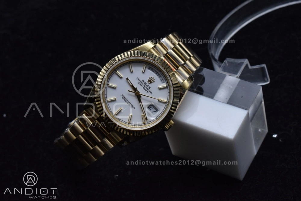 DayDate 40 YG GMF Tungsten Weighted 904L Steel White Dial Stick Markers On President Bracelet A2836 V2