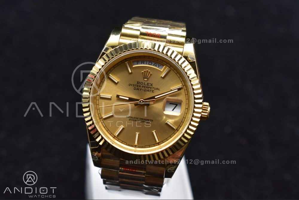 DayDate 40 YG JDF Gain Weight 904L Steel YG Dial Stick Markers on President Bracelet A2836 V2