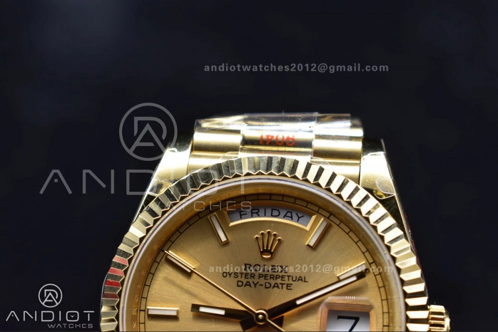 DayDate 40 YG JDF Gain Weight 904L Steel YG Dial Stick Markers on President Bracelet A2836 V2