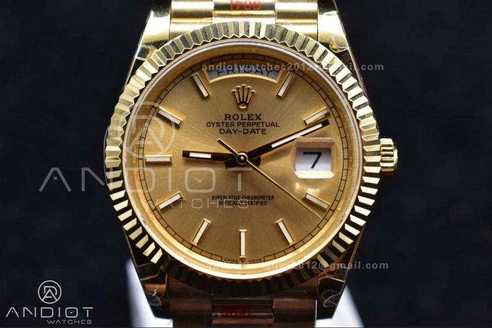 DayDate 40 YG JDF Gain Weight 904L Steel YG Dial Stick Markers on President Bracelet A2836 V2