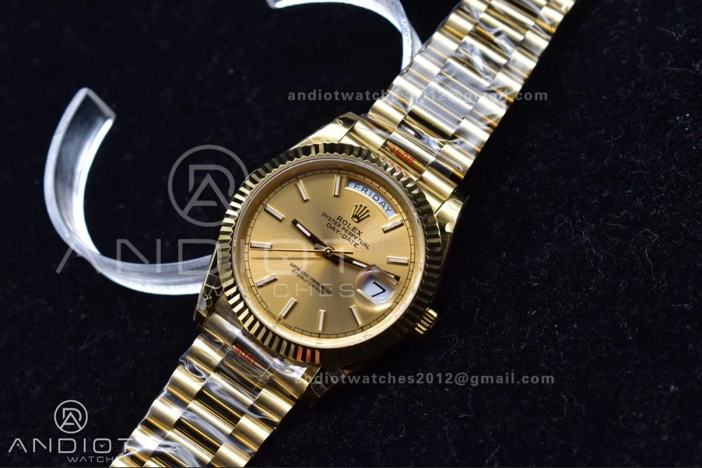 DayDate 40 YG JDF Gain Weight 904L Steel YG Dial Stick Markers on President Bracelet A2836 V2