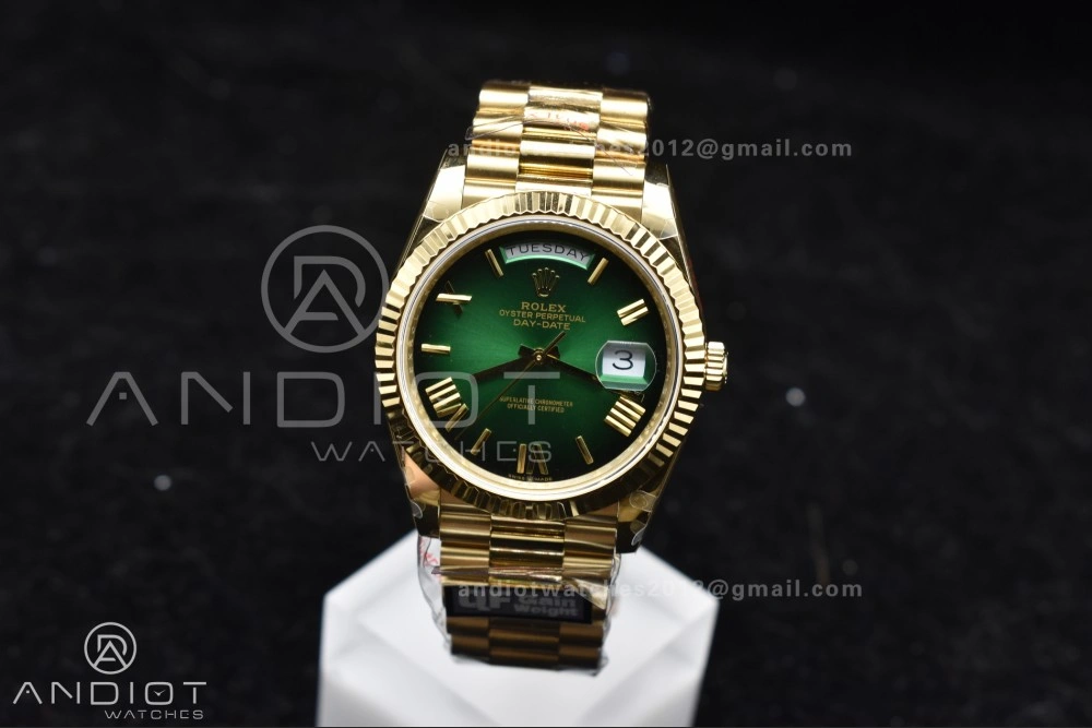 DayDate 40 YG QF Best Edition 904L Steel Green Black Dial on President Bracelet A2836 V4 (Gain Weight)