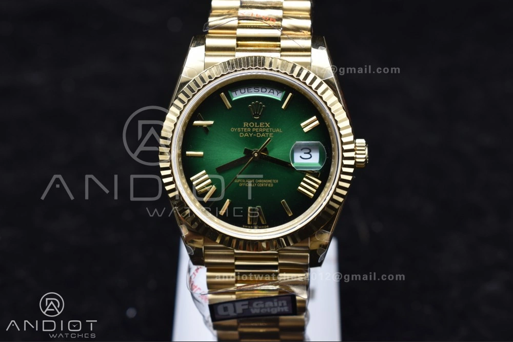 DayDate 40 YG QF Best Edition 904L Steel Green Black Dial on President Bracelet A2836 V4 (Gain Weight)