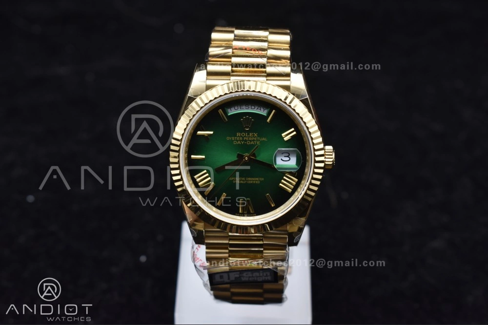 DayDate 40 YG QF Best Edition 904L Steel Green Black Dial on President Bracelet A2836 V4 (Gain Weight)