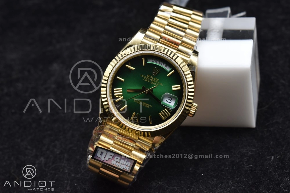 DayDate 40 YG QF Best Edition 904L Steel Green Black Dial on President Bracelet A2836 V4 (Gain Weight)