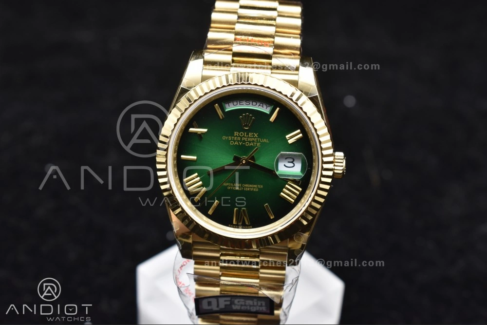 DayDate 40 YG QF Best Edition 904L Steel Green Black Dial on President Bracelet A2836 V4 (Gain Weight)