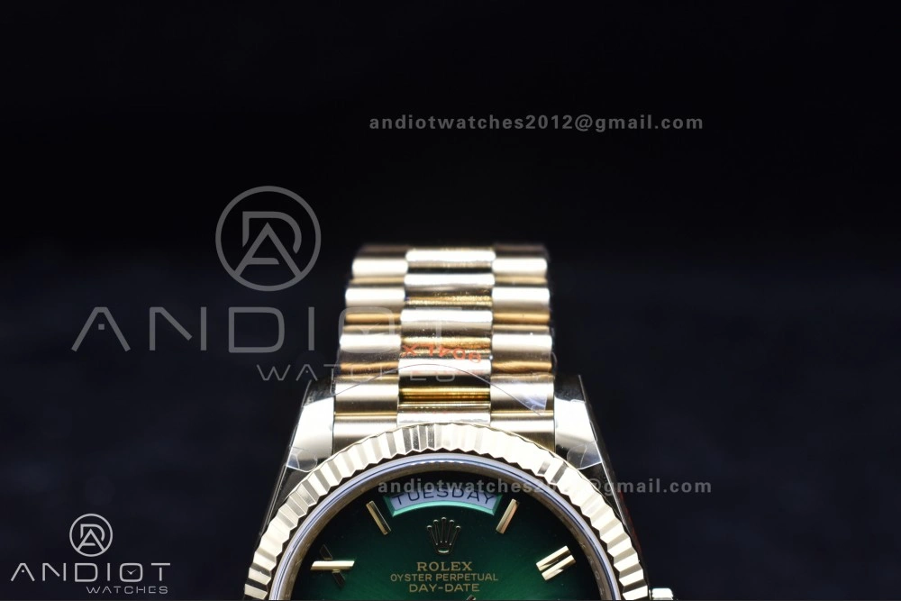 DayDate 40 YG QF Best Edition 904L Steel Green Black Dial on President Bracelet A2836 V4 (Gain Weight)