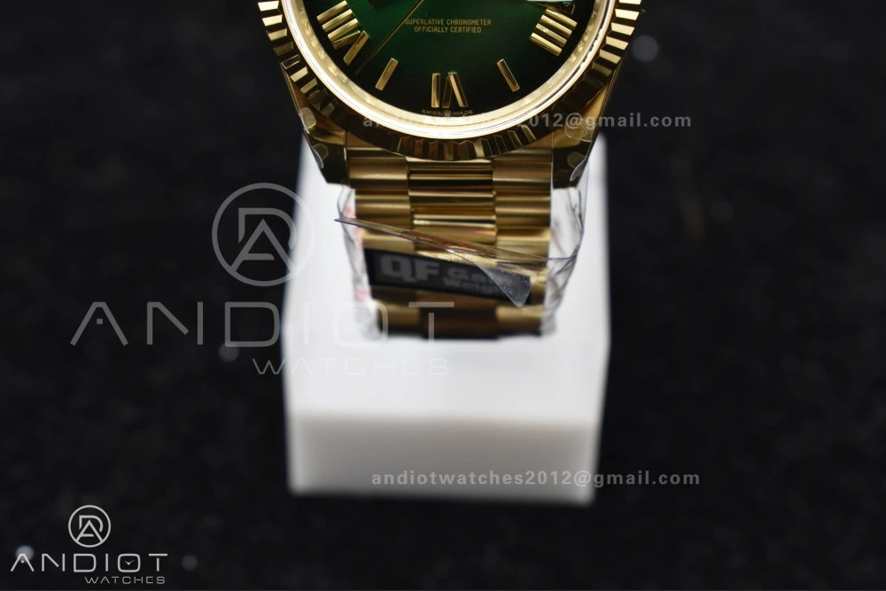 DayDate 40 YG QF Best Edition 904L Steel Green Black Dial on President Bracelet A2836 V4 (Gain Weight)