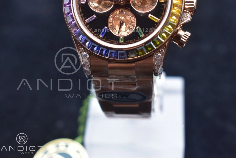 Daytona 116595RBOW RG Rainbow Crystal TWF Best Edition Black Dial on YG Bracelet A7750