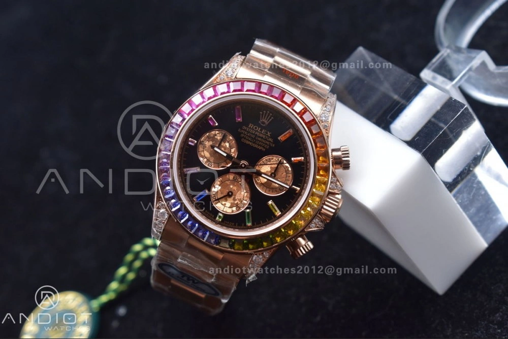 Daytona 116595RBOW RG Rainbow Crystal TWF Best Edition Black Dial on YG Bracelet A7750