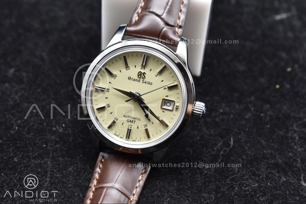 Grand Seiko Elegance GMT SS GSF 1:1 Best Edition Cream Dial on Brown Leather Strap NH34