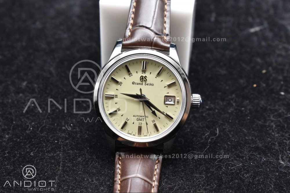 Grand Seiko Elegance GMT SS GSF 1:1 Best Edition Cream Dial on Brown Leather Strap NH34