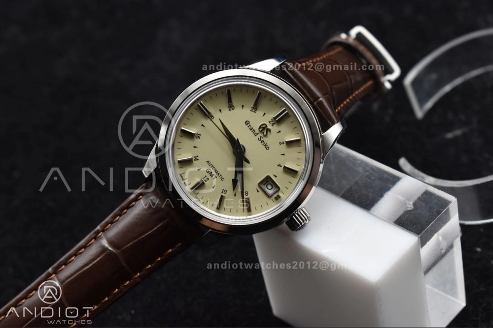 Grand Seiko Elegance GMT SS GSF 1:1 Best Edition Cream Dial on Brown Leather Strap NH34