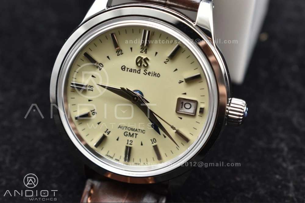 Grand Seiko Elegance GMT SS GSF 1:1 Best Edition Cream Dial on Brown Leather Strap NH34