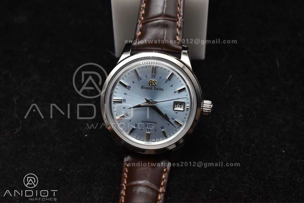 Grand Seiko Elegance GMT SS GSF 1:1 Best Edition Sky blue Dial on Brown Leather Strap NH34