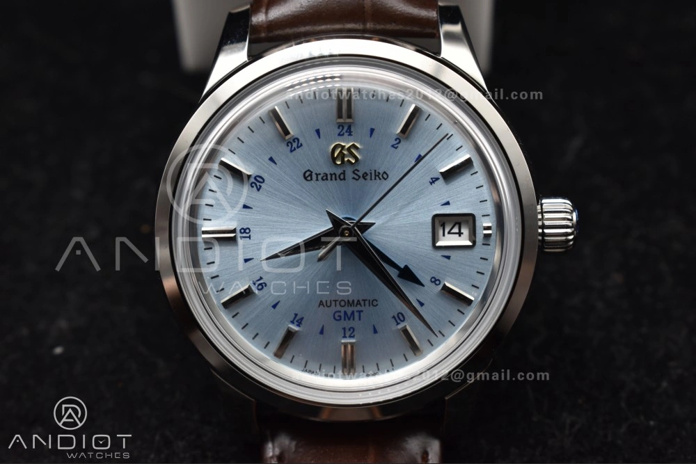 Grand Seiko Elegance GMT SS GSF 1:1 Best Edition Sky blue Dial on Brown Leather Strap NH34