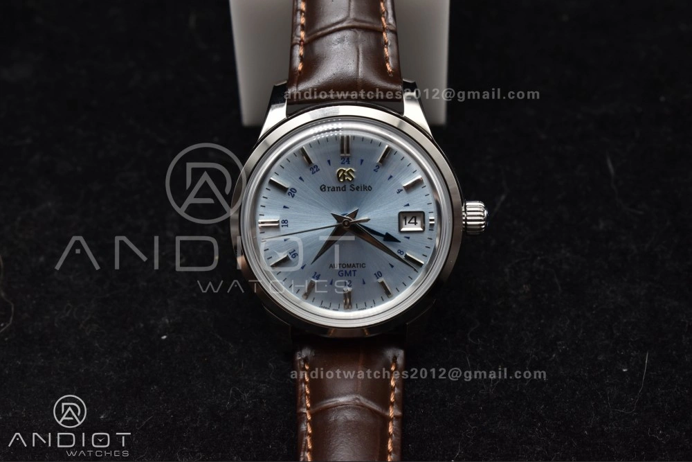 Grand Seiko Elegance GMT SS GSF 1:1 Best Edition Sky blue Dial on Brown Leather Strap NH34