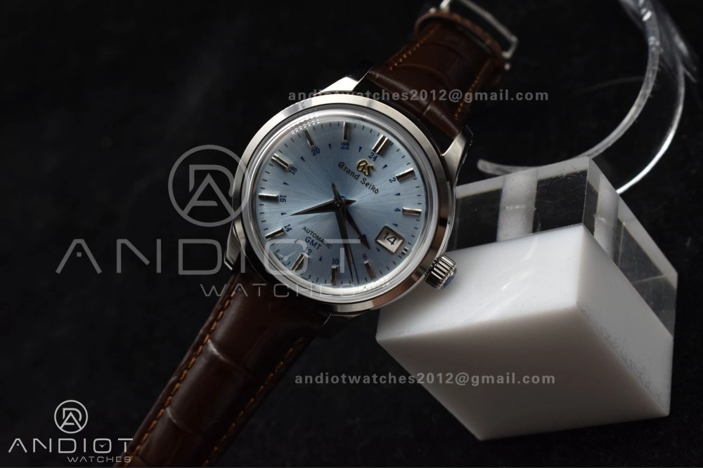 Grand Seiko Elegance GMT SS GSF 1:1 Best Edition Sky blue Dial on Brown Leather Strap NH34