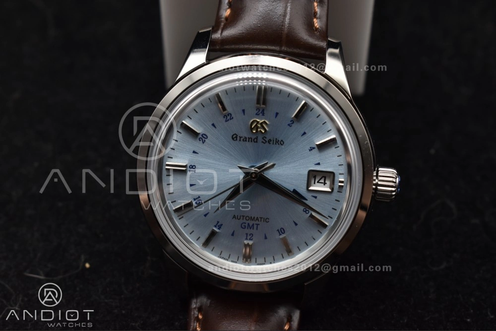 Grand Seiko Elegance GMT SS GSF 1:1 Best Edition Sky blue Dial on Brown Leather Strap NH34