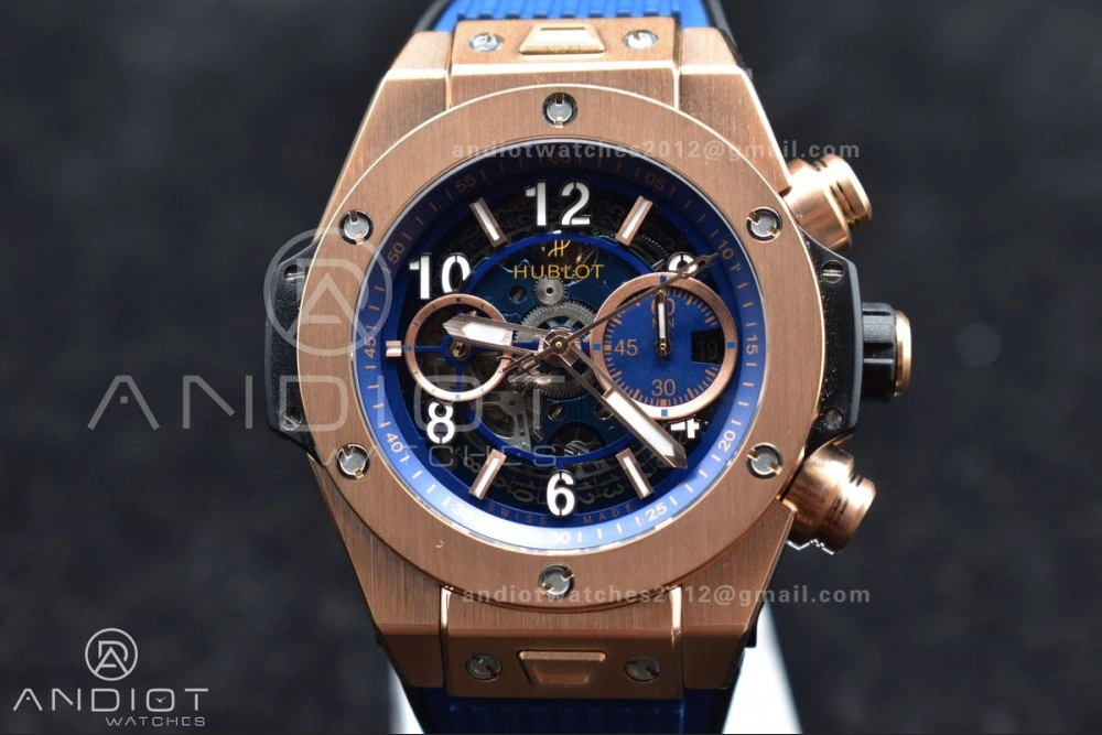 Hublot Big Bang Unico RG ZF 1:1 Best Edition Blue Skeleton Dial on Blue Rubber Strap A1280