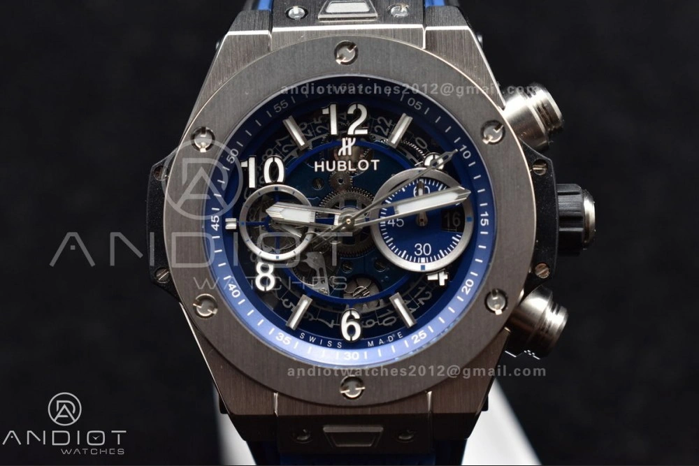 Hublot Big Bang Unico Titanium ZF 1:1 Best Edition Blue Skeleton Dial on Blue Rubber Strap A1280