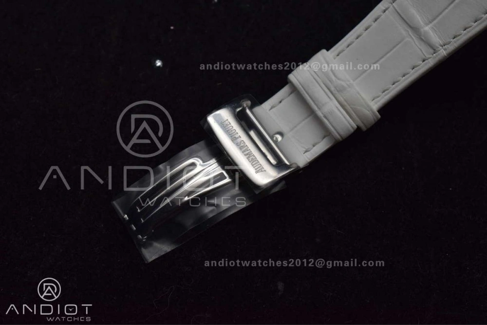 Lady Royal Oak 33mm 67651 SS Diamond Bezel V7F 1:1 White Textured Dial On White Croco Leather Strap Ronda Quartz to AP Cal.2713