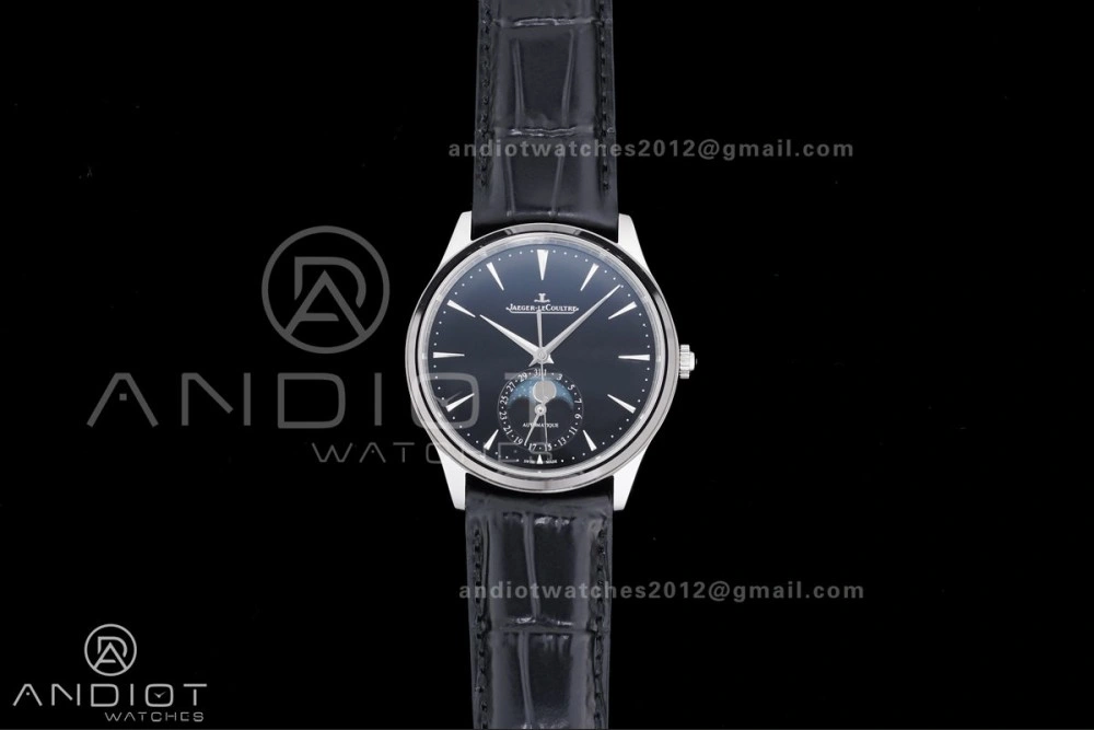 Master Ultra Thin Moon SS APSF 1:1 Best Edition Black Dial on Black Leather Strap SA925 Super Clone