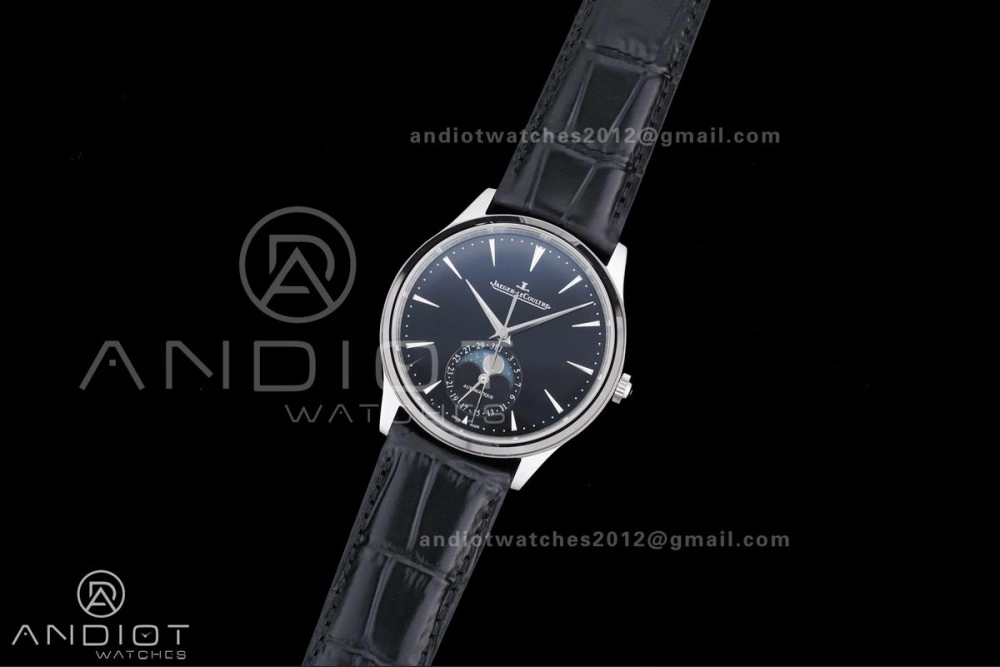 Master Ultra Thin Moon SS APSF 1:1 Best Edition Black Dial on Black Leather Strap SA925 Super Clone